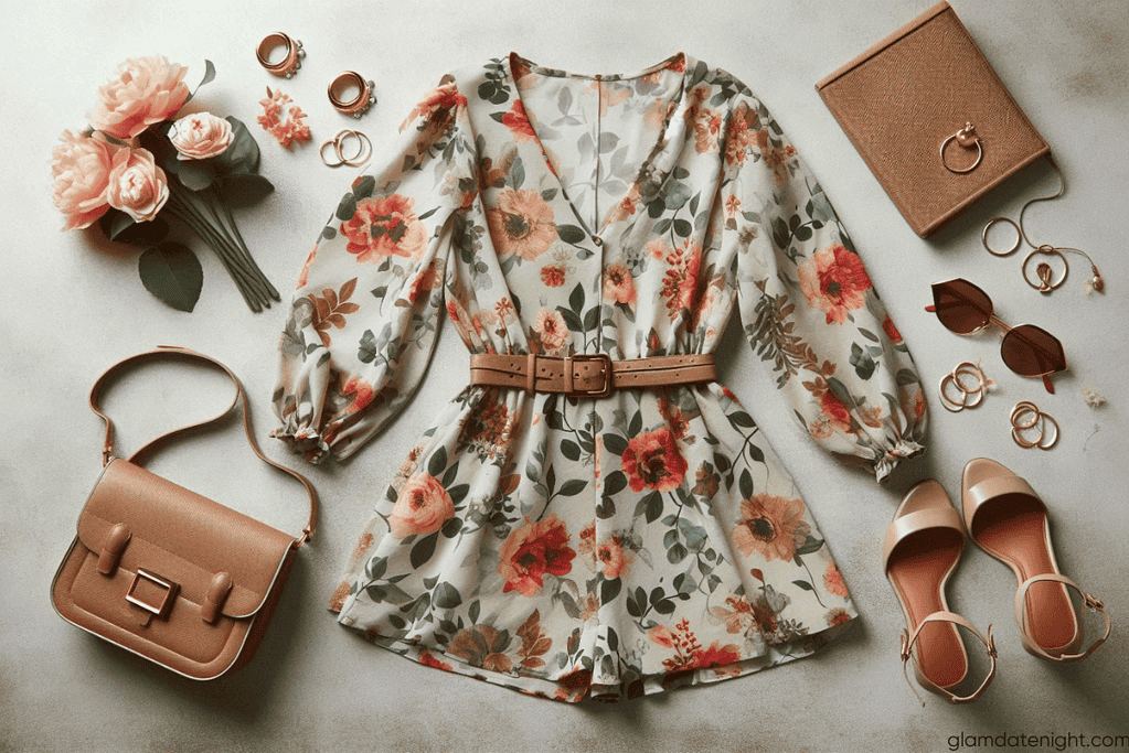 A floral print dress paired with neutral accessories, creating a playful yet sophisticated date night look that showcases personality and style.