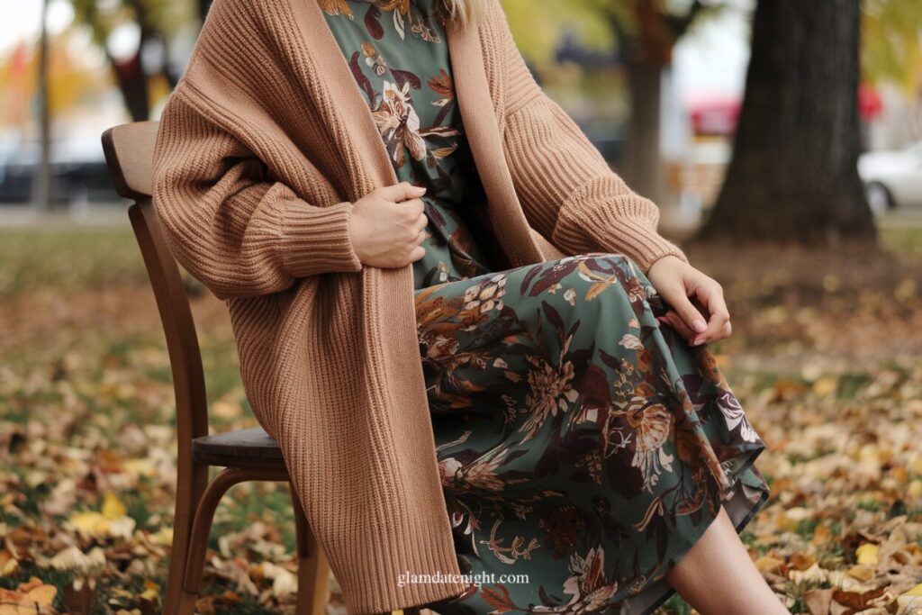 A woman wearing cardigan and midi dress