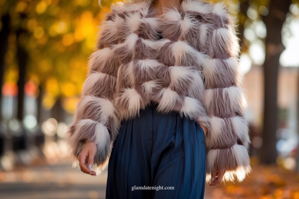 A woman wearing Faux Fur Coat & Wide-Legged Pants