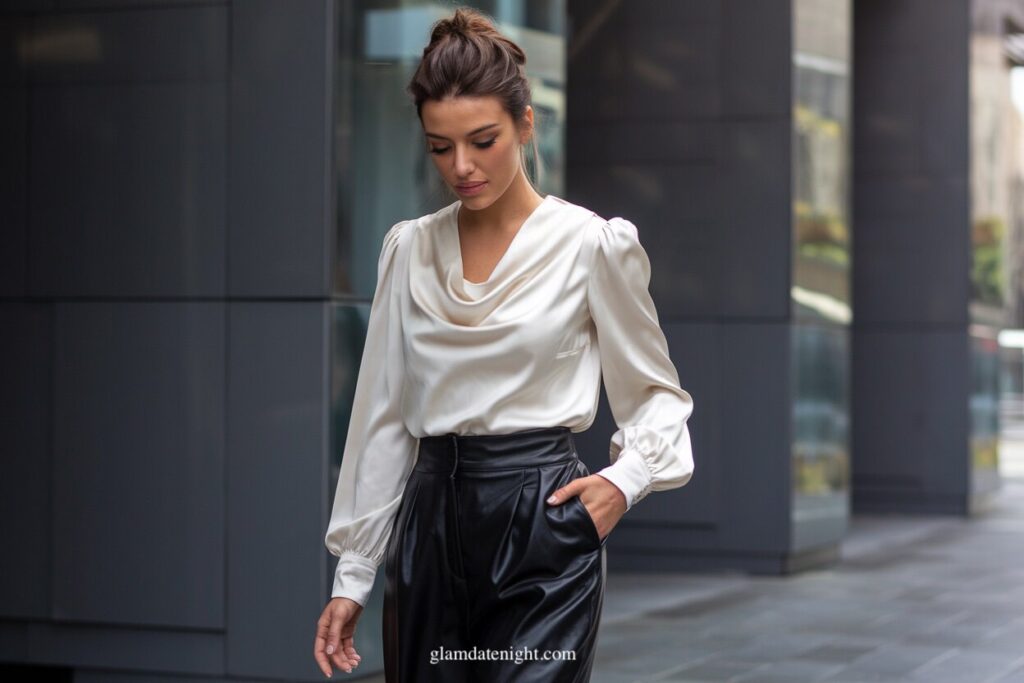 A woman wearing Silk Blouse & High-Waisted Leather Pants