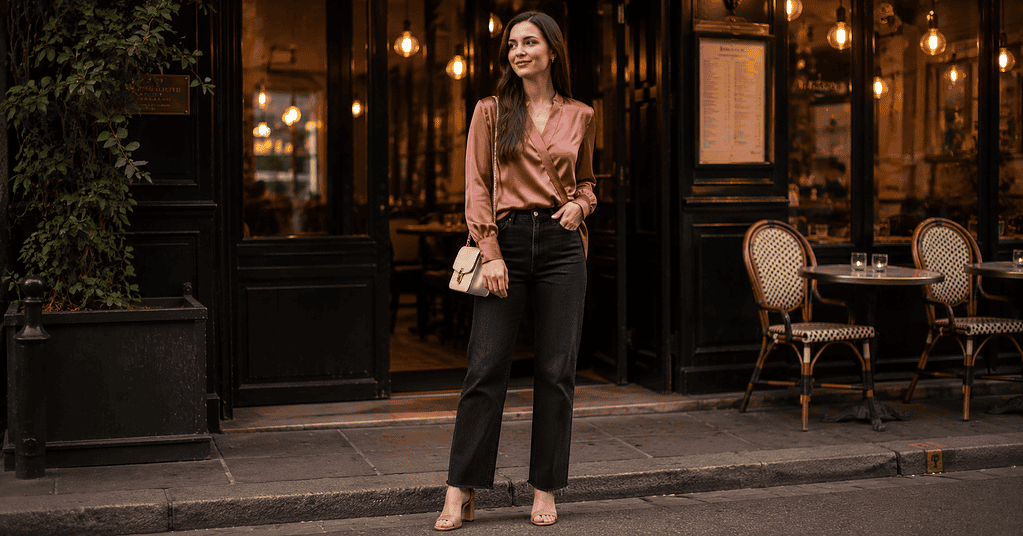 White woman in straight-leg dark jeans and a dusty rose wrap blouse with block-heel sandals and a structured crossbody bag outside a bistro showing casual dinner date night outfit ideas