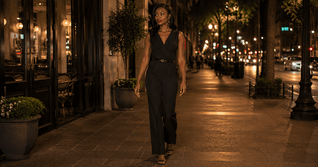 Dark-skinned woman walking confidently in a tailored black wide-leg jumpsuit with strappy heels and gold earrings on a city street at night showing what actually impresses on a date night out