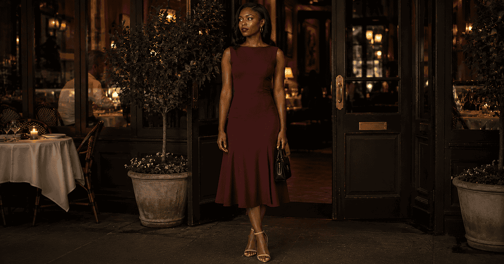 Dark-skinned woman in a fitted deep burgundy A-line midi dress with ankle-strap heels and a structured mini bag showing romantic classy dresses for a first date