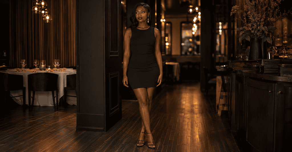 Dark-skinned woman in a perfectly fitted little black dress with a bold red lip and gold drop earrings showing one of the most favorite date night outfits on a woman from a guy's perspective